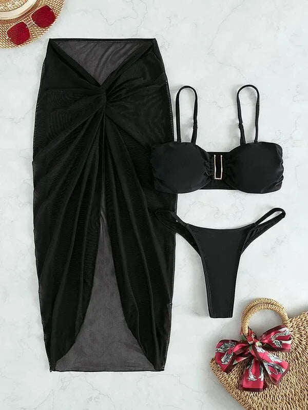 Three-piece bikini set with long culottes skirt in French style solid colour design