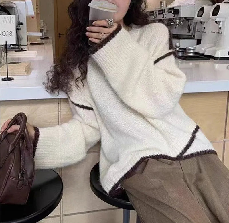 Women's loose cotton pullover sweater in gray or milky white with regular sleeves, free size