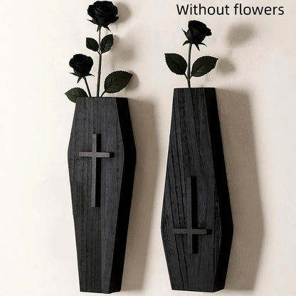 Black wooden cross wall shelf for vases measuring 27x9cm