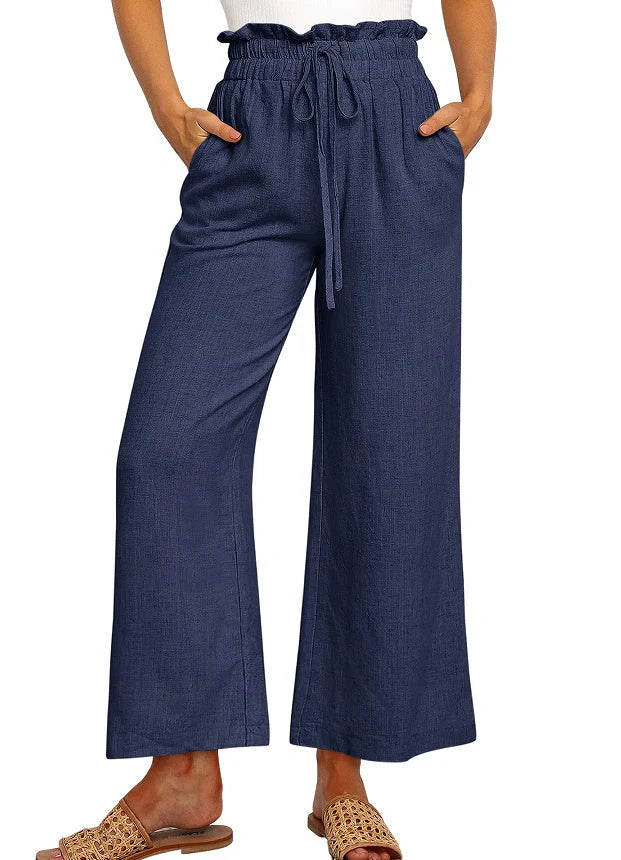 Elastic waistband lace-up wide leg cropped pants in solid colors, showcasing versatile style and comfort