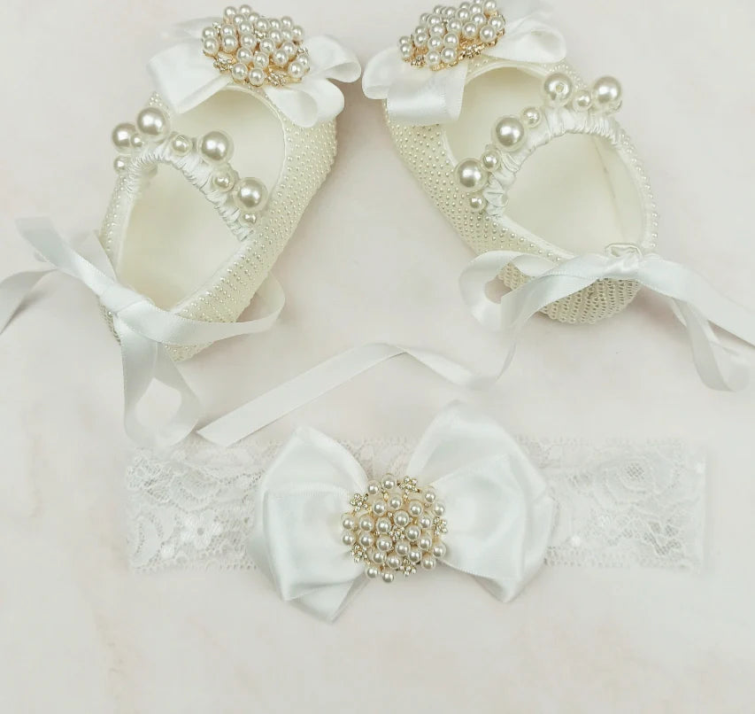 Handmade milky white cloth shoes with lace-up closure and matching fabric headband