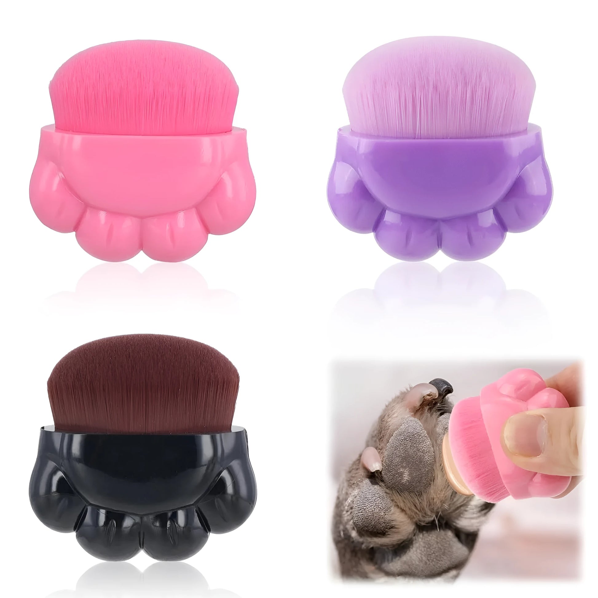 Three small paw-print shaped pet balm brushes with soft heads in plastic storage boxes
