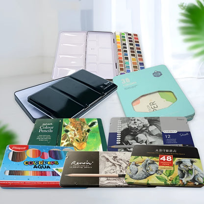 Tinplate solid watercolour paint box in square shape with folding lid, shown in three size options.