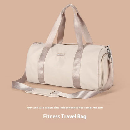 Beige casual sports bag with contrasting letter pattern and under 20L capacity