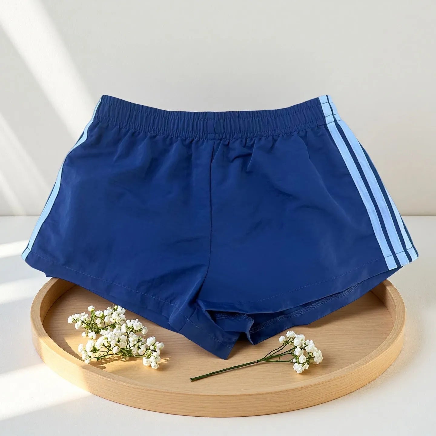 Men's navy blue nylon casual sports shorts with high waist design