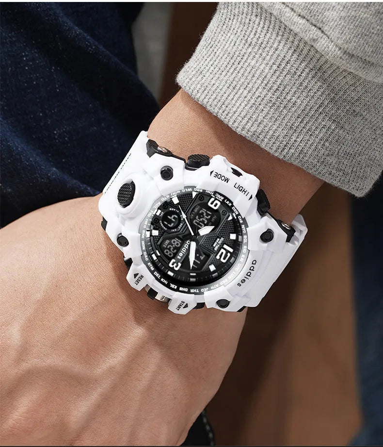 Men's electronic sports watch with dual display and stainless steel buckle in black, red, white and transparent white options
