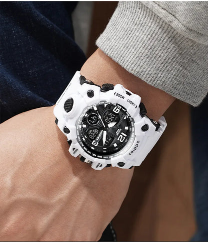Men's electronic sports watch with dual display and stainless steel buckle in black, red, white and transparent white options