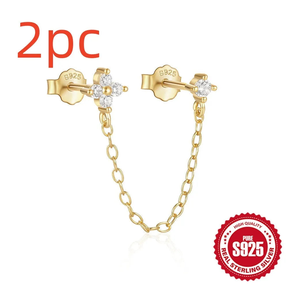 S925 sterling silver geometric ear clip stud earrings with flower and tassel elements in golden colour
