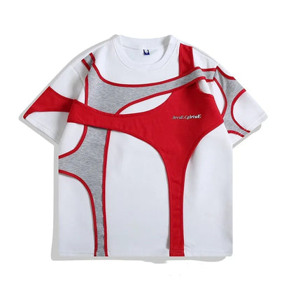 Black and white loose fit short sleeve t-shirt with double stitching and padded shoulder design