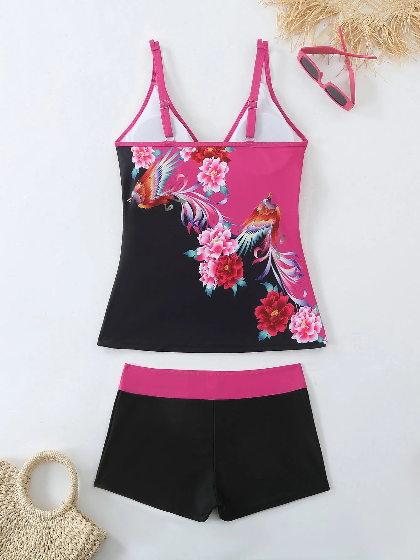 Plus size women's swimsuit in Black or Rose Red with cotton blend lining, sizes S to 5XL