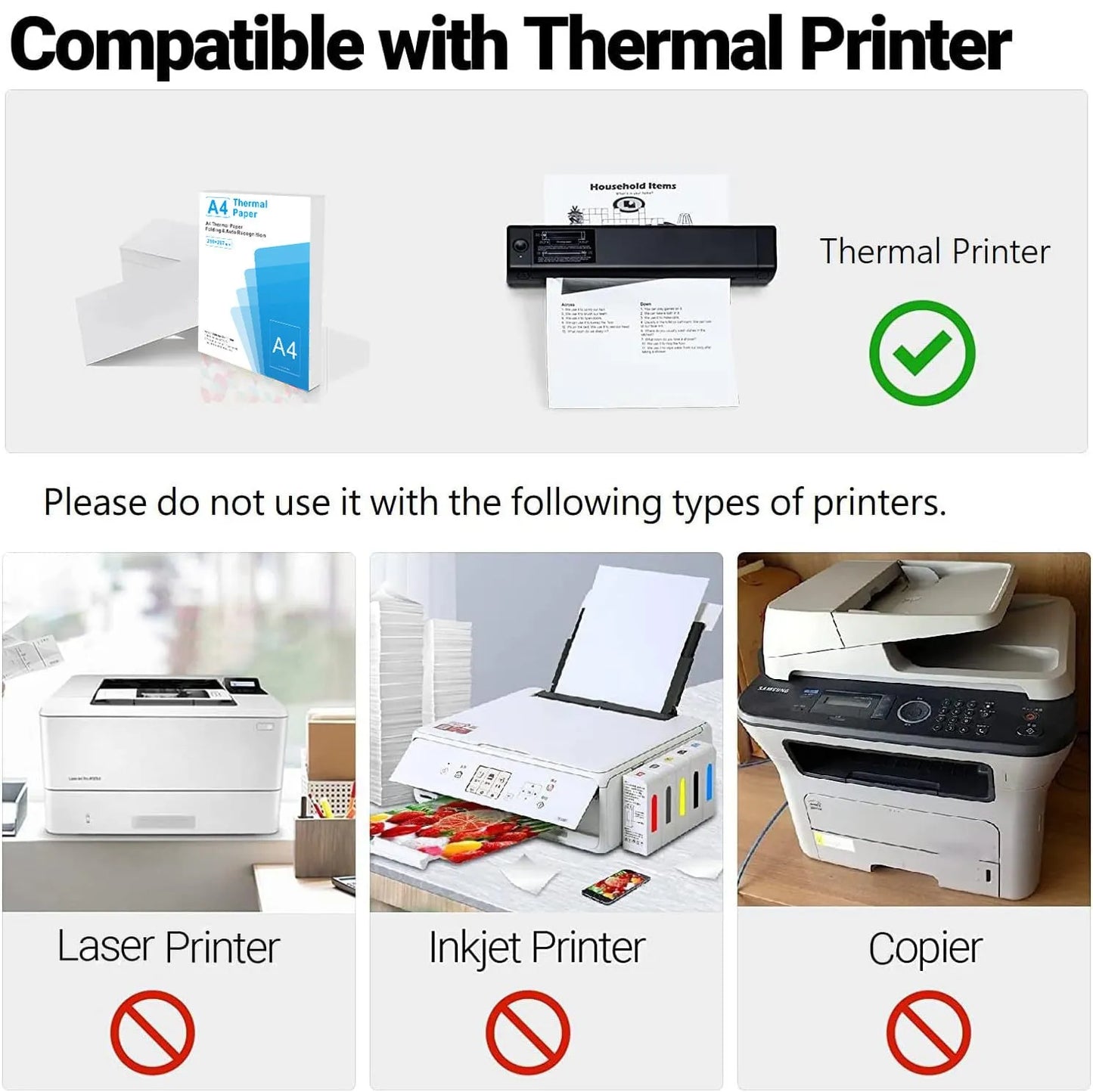 White A4 quick-drying thermal paper sheets for portable printers, shown with 100-sheet colour box packaging.