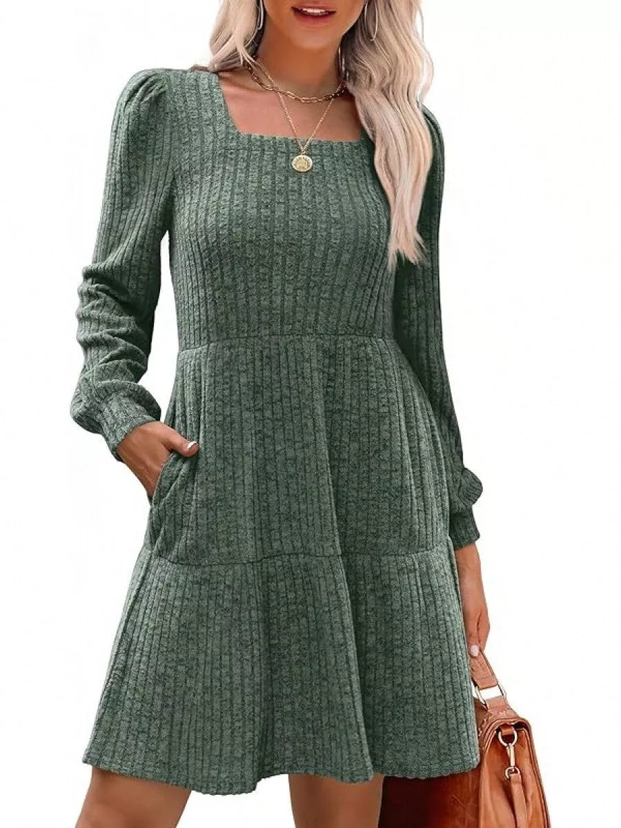 Solid color round neck knitted dress sweater in various colors and sizes