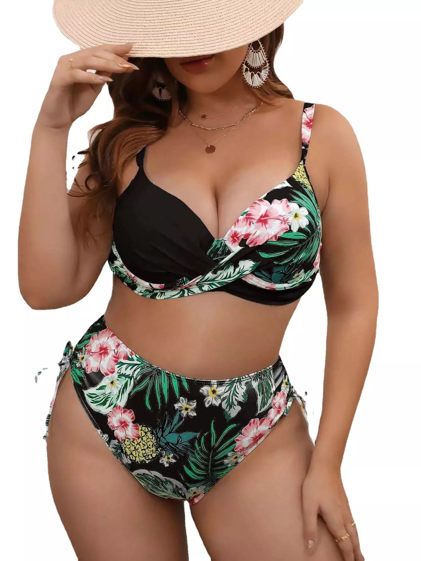 Women's plus size split bikini printed swimsuit in polyester, available in multiple colors and sizes.