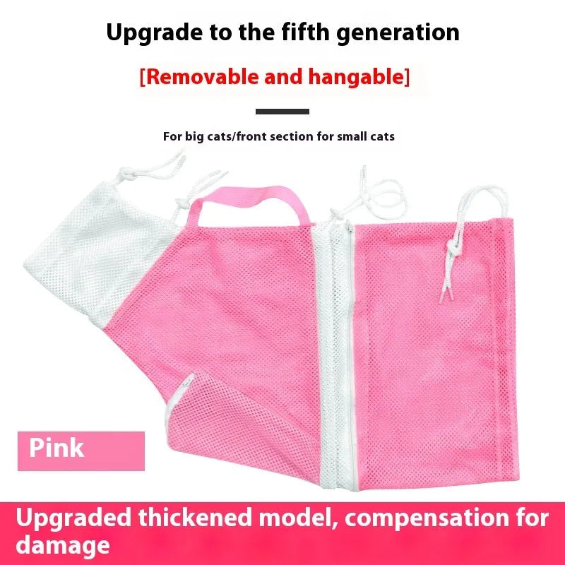 Upgraded fifth-generation cat grooming bag in pink and white colours on a table.