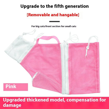 Upgraded fifth-generation cat grooming bag in pink and white colours on a table.