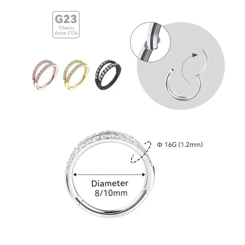 G23 titanium alloy nose ring with diamond-treated surface in gold or steel colour, showing precise gauge measurements