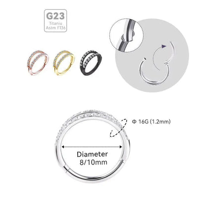 G23 titanium alloy nose ring with diamond-treated surface in gold or steel colour, showing precise gauge measurements