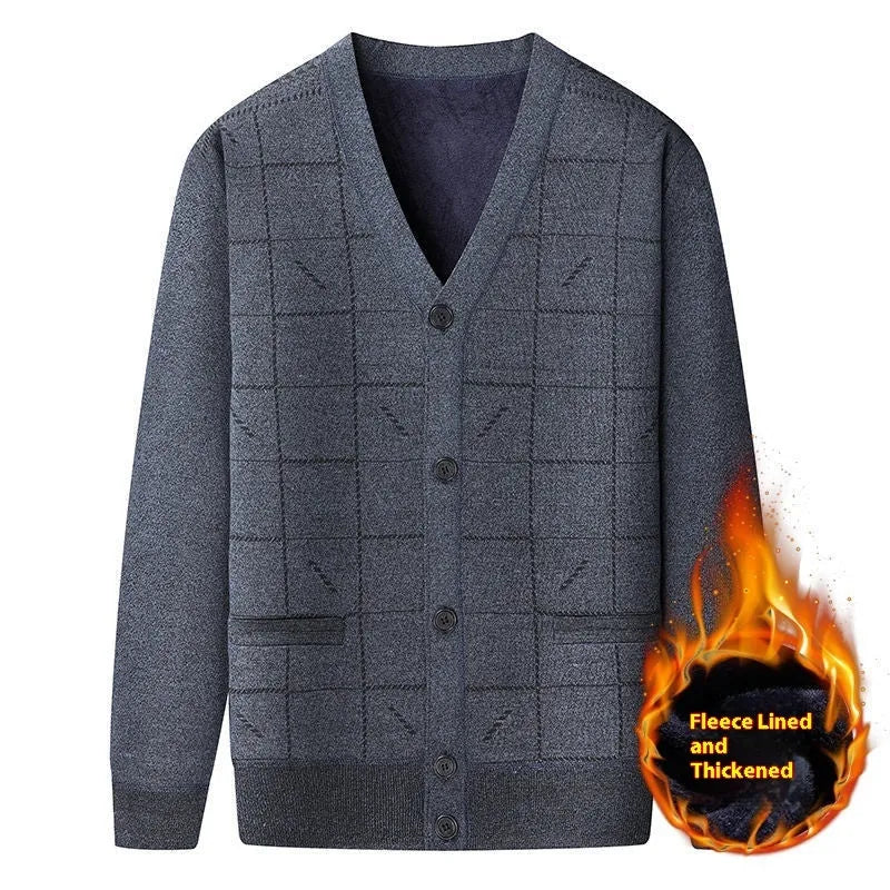 A plus size men's grey cardigan with batwing sleeves and a fleece lining, shown on a hanger.