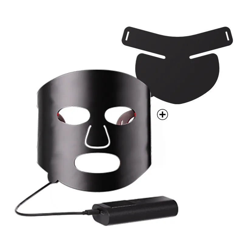 Black and white LED phototherapy face mask with controller showing seven colour light therapy options