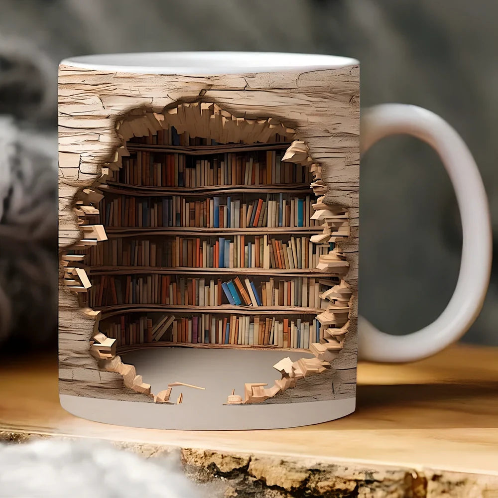 3D bookshelf ceramic mug in colour A, 9.8x8cm, 350ml capacity with handle for book lovers