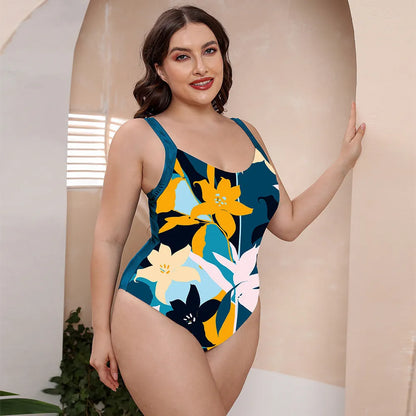 Conservative one-piece swimsuit with vest top and floral print for swimming and hot springs