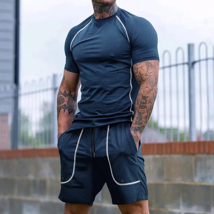 Men's running fitness suit with short sleeve T-shirt and shorts in black polyester, sizes S to XXXL