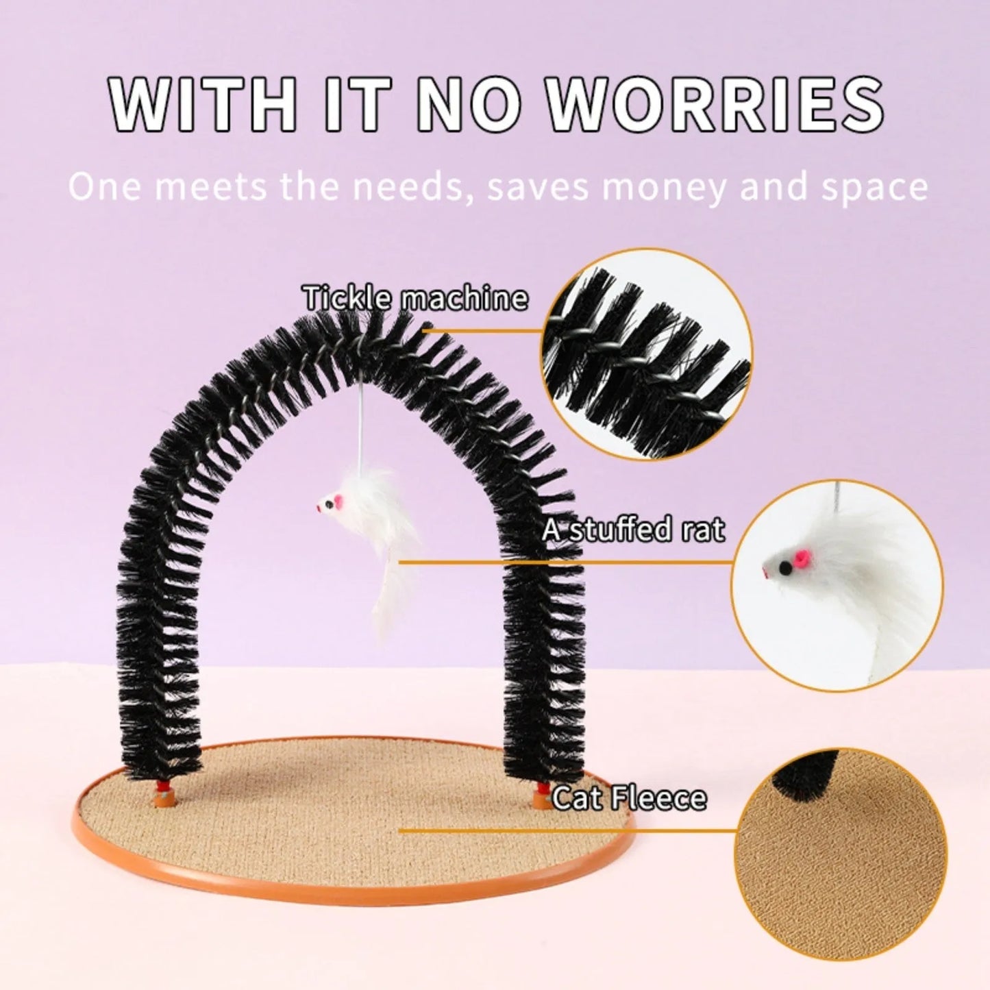 Black arch-shaped cat grooming brush with scratching fibre and an attached mouse toy on a non-slip base