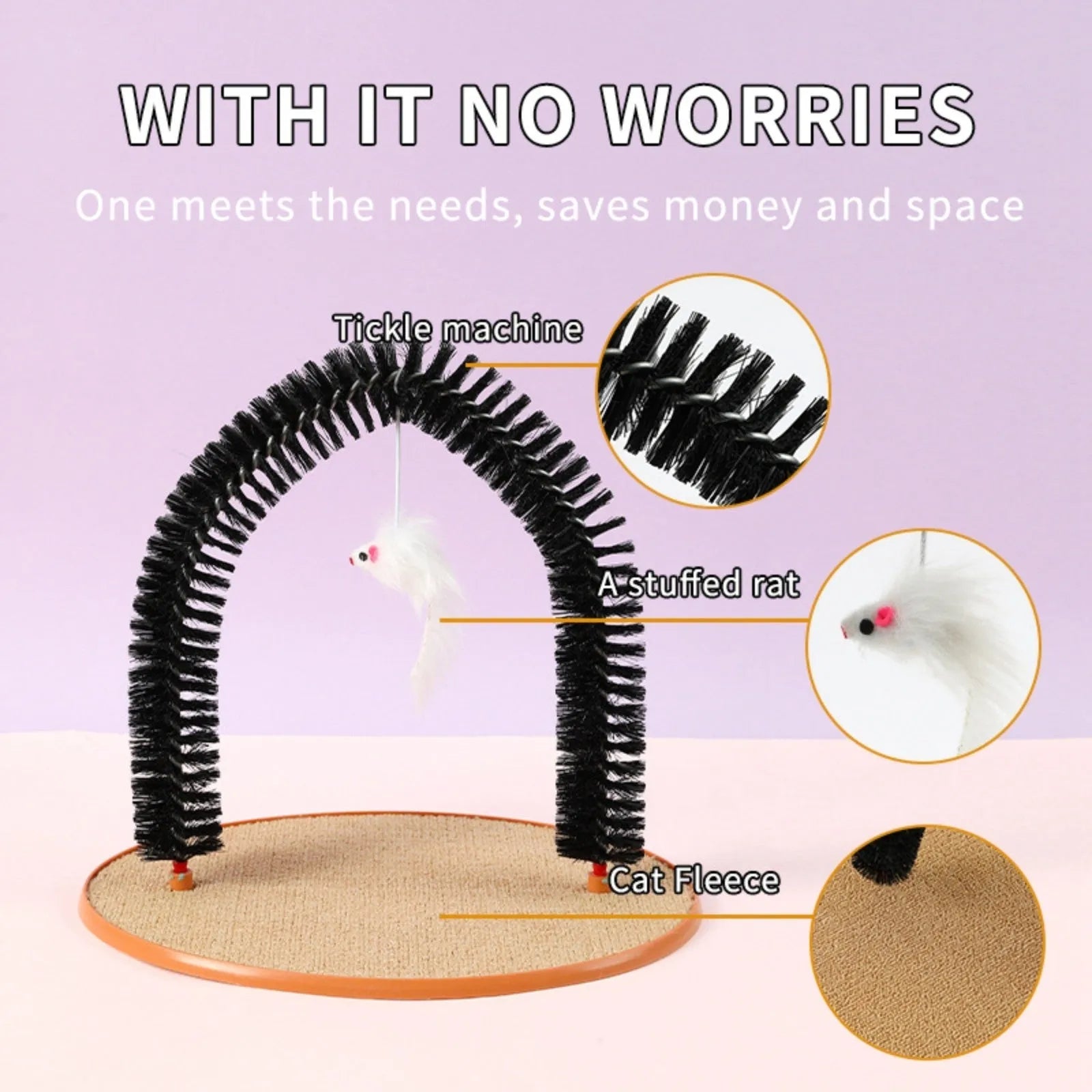 Black arch-shaped cat grooming brush with scratching fibre and an attached mouse toy on a non-slip base