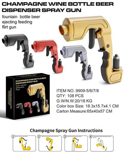 Plastic champagne jet gun for bar parties in gold, black, red and silver colour options