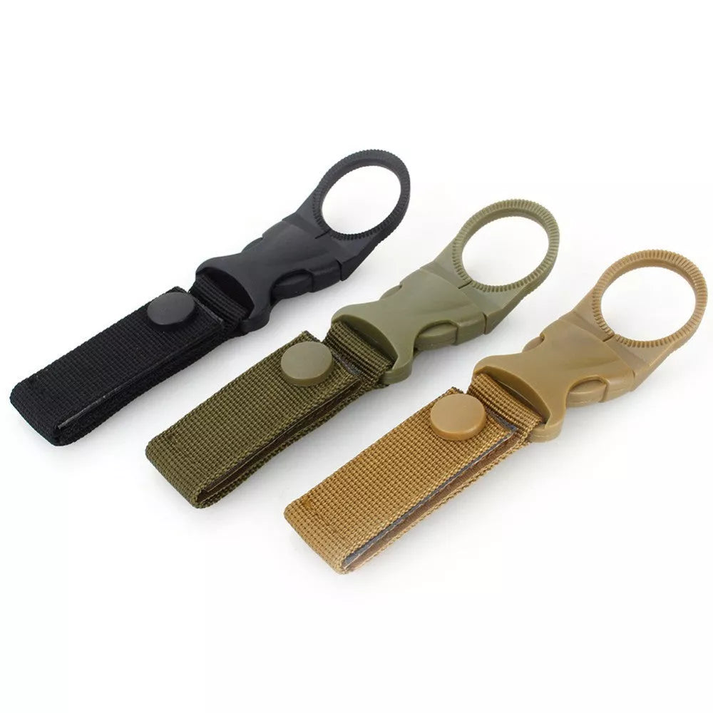 Tactical nylon webbing water bottle hang buckle in black, khaki, or army green