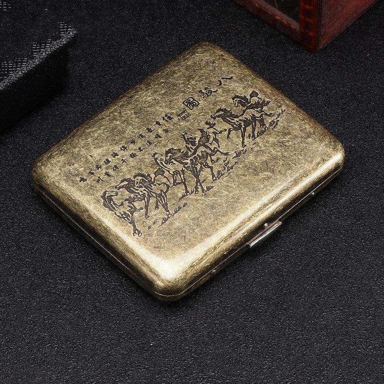 Metal pure copper cigarette case with engraving, holding 20 cigarettes, measuring 95×70×18mm