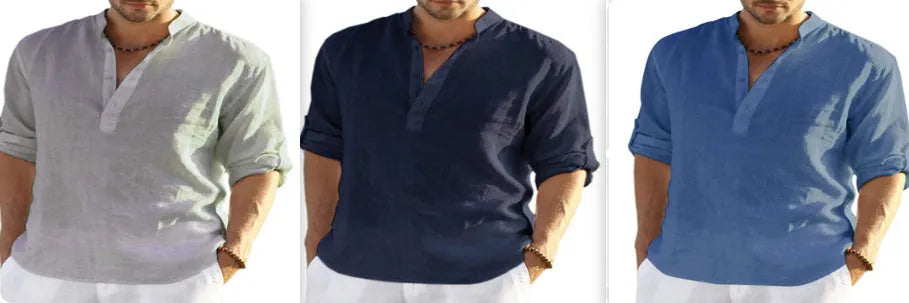 Men's light blue cotton linen long sleeve shirt with stand collar, button front, and rolled-up sleeves
