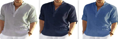 Men's light blue cotton linen long sleeve shirt with stand collar, button front, and rolled-up sleeves