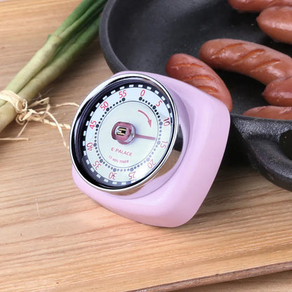 Metal kitchen timer clock with square circle design, shown in green, pink, or mirror light options.