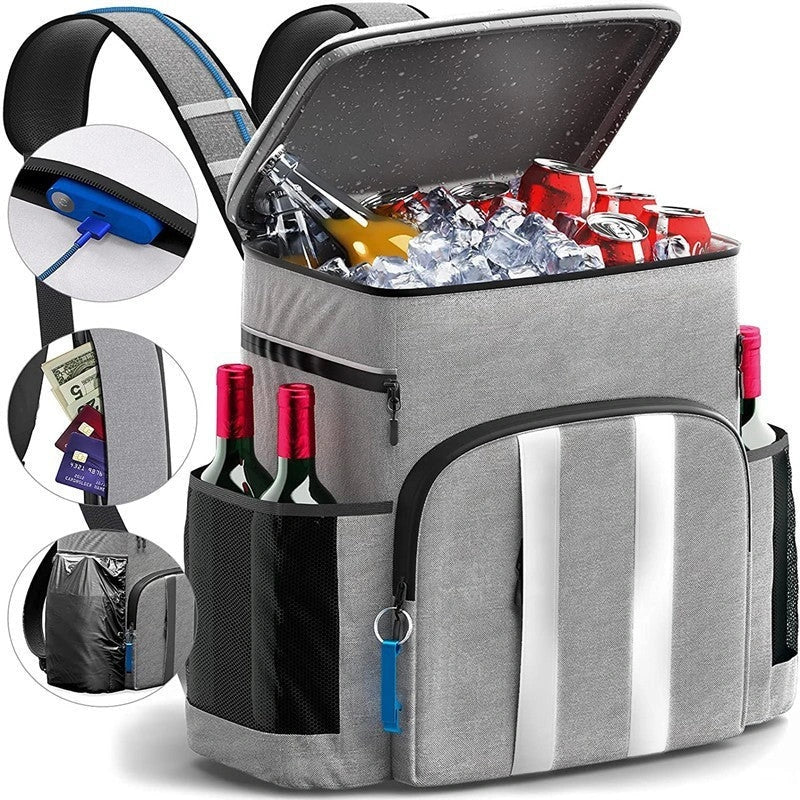 Large capacity refrigerated backpack in gray and black, perfect for picnics and outdoor adventures