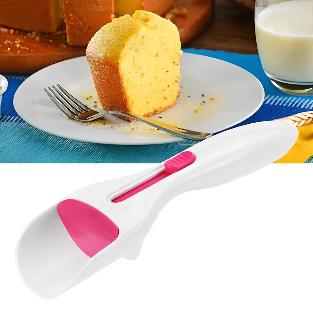 19.5cm long cake batter scoop with push-button mechanism and non-stick surface for consistent cupcake portioning