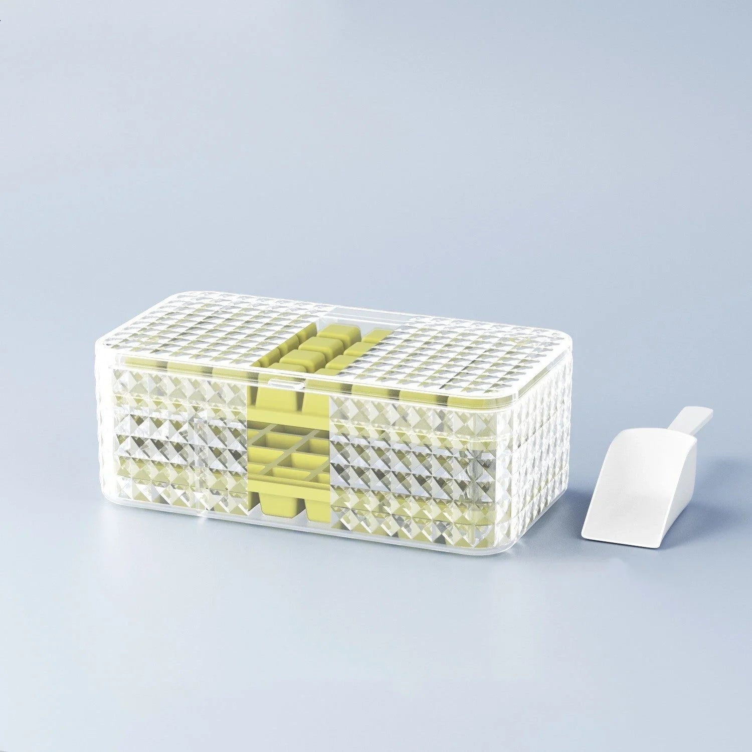 Large silicone square ice mold with lid for easy ice cube removal, available in green and purple