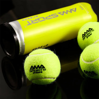 Three tennis training balls in black, green and yellow colours for cage plate practice
