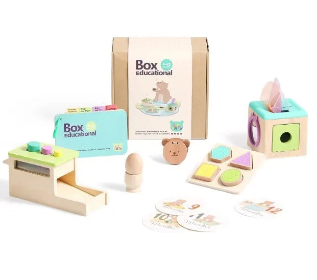 Montessori rattle toy set with black and white cards and ball chime in a colour box for babies 0-18 months