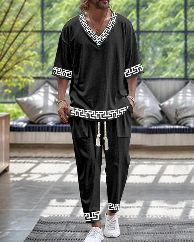 Cropped sleeves V-neck trousers suit in thin polyester fabric, available in multiple colours and sizes from S to 6XL