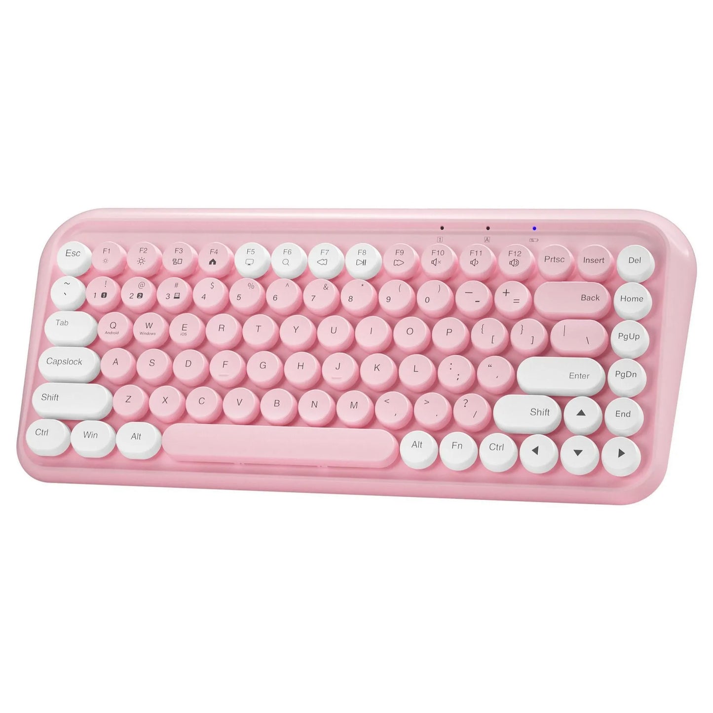 Pink Bluetooth wireless keyboard with 84-key layout showing crater architecture buttons
