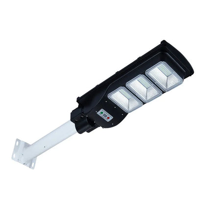 Integrated solar street light with LED illumination and solar panel, remote control operation