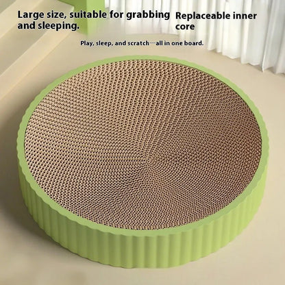 Round green cat scratching board measuring 55cm with corrugated paper surface and two replacement refills