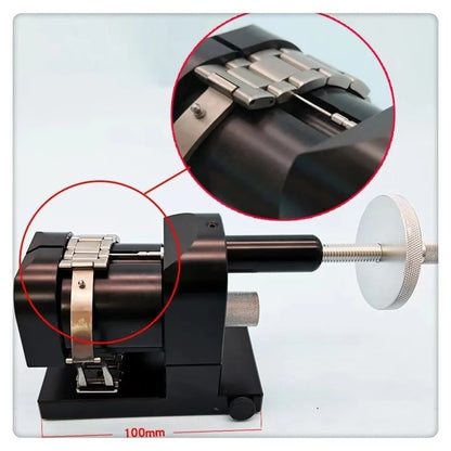Alloy steel watch strap removal tool for watch repair on a workbench.
