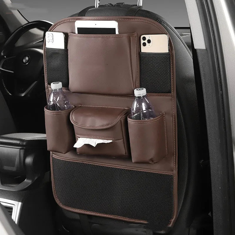 Genuine leather car seat back storage bag hanging from headrest, showing 20-litre capacity.