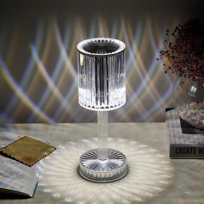 Crystal table lamp with K9 crystal shade and touch dimmable LED lighting on wooden table