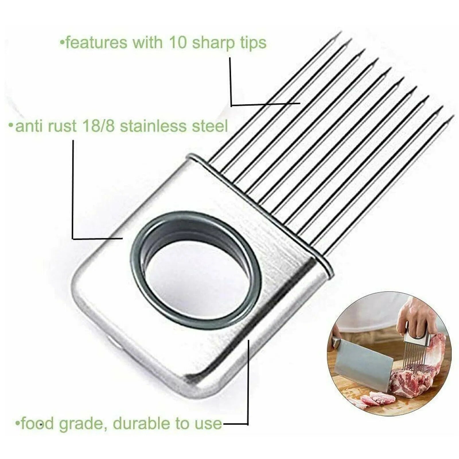 Stainless steel onion holder slicer tool with sharp prongs and a finger guard protector on a kitchen surface.