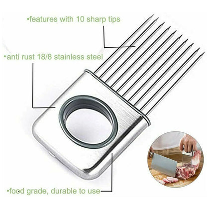 Stainless steel onion holder slicer tool with sharp prongs and a finger guard protector on a kitchen surface.