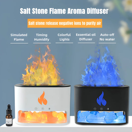 White square flame humidifier with colourful 3D light effect and crystal salt stone on a desk.