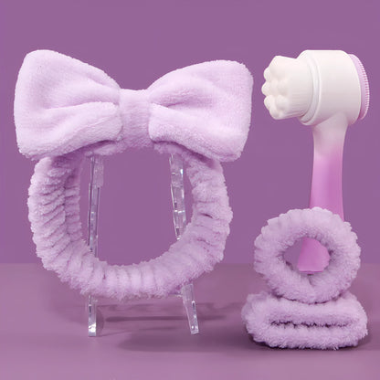 Facial brush set with coral fleece hair band and 4-count nylon brush heads in purple, gray, white, pink colours